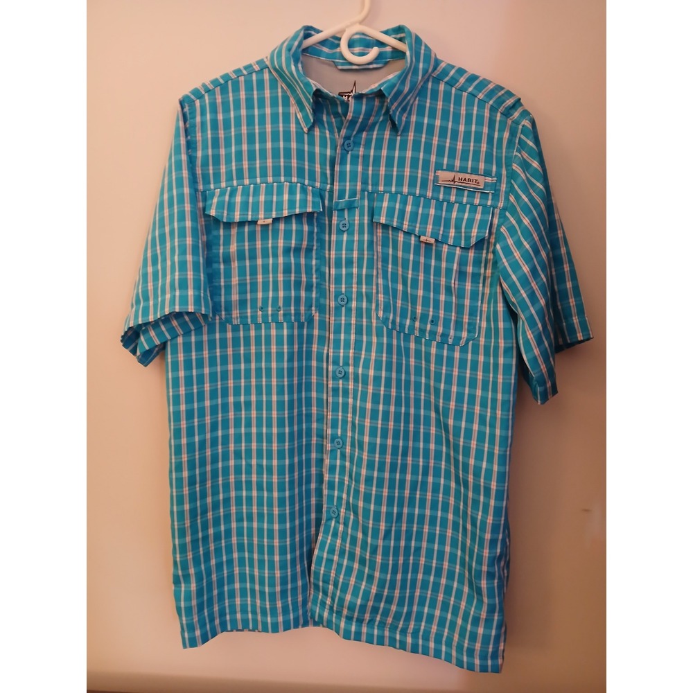 Habit Mens Fish Finder Fishing Shirt Small Blue Plaid
